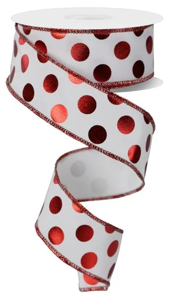 1.5" Metallic Polka Dot Ribbon: White/Red - 10yds