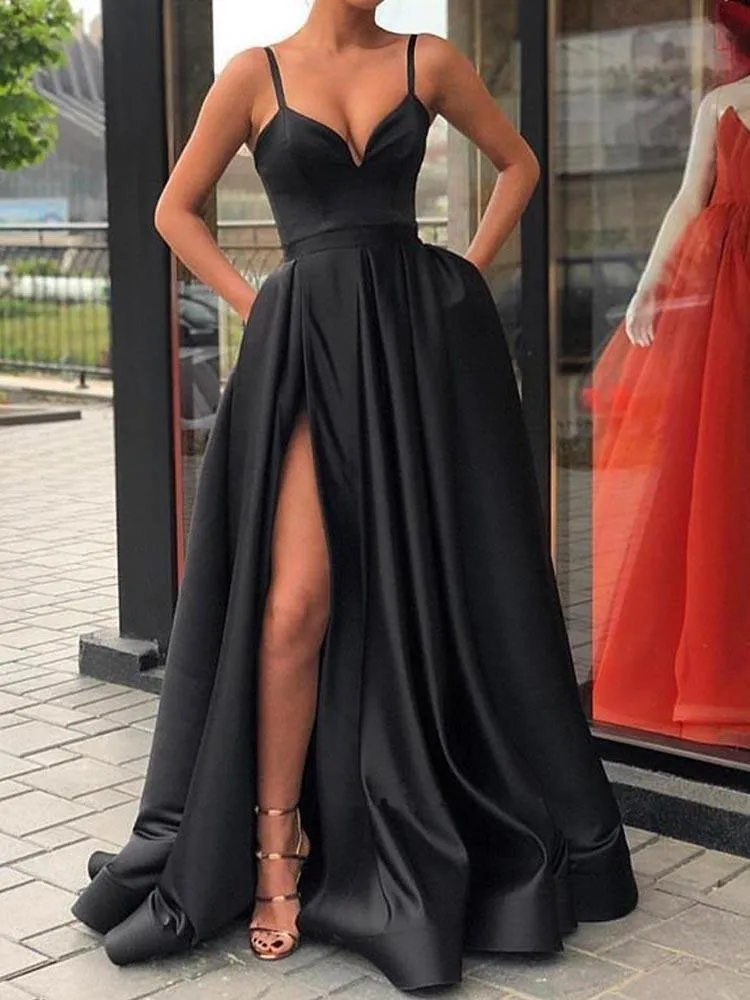 A Line Spaghetti Straps Black Long Prom Dress With Split PG730