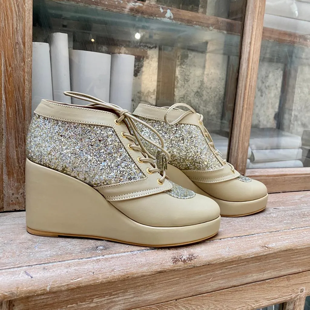 Beige Shimmer Light Gold Bridal Sneaker Wedges - Customized Wedding Shoes