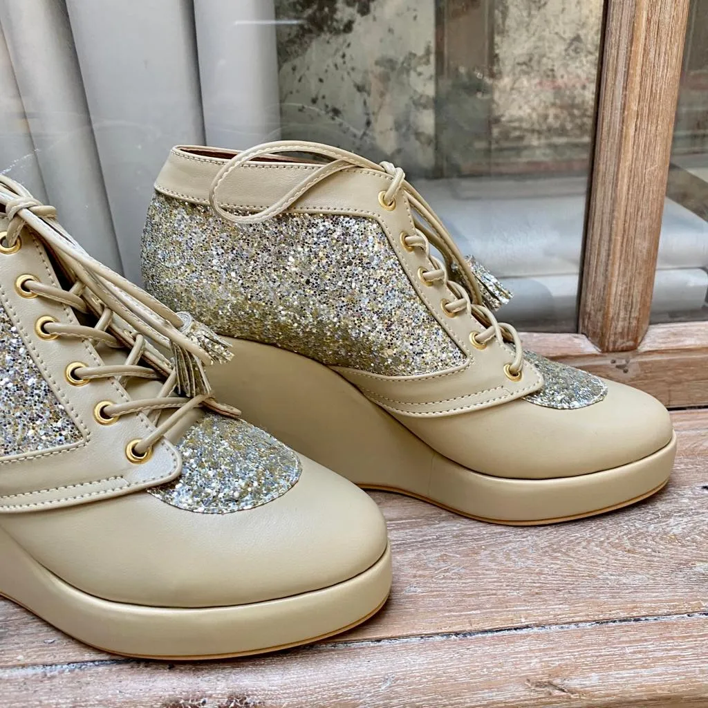 Beige Shimmer Light Gold Bridal Sneaker Wedges - Customized Wedding Shoes