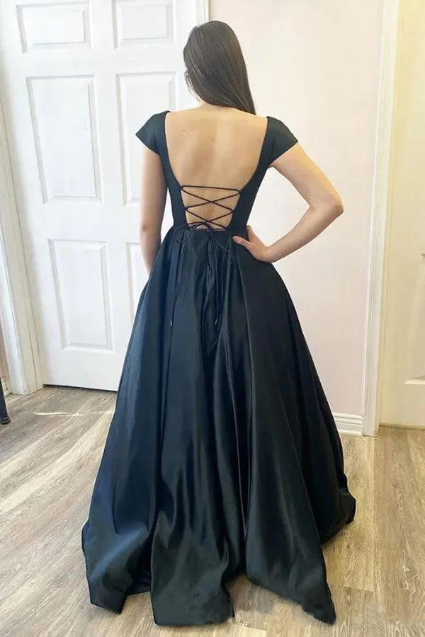 Black A Line Satin Open Black Cap Sleeves  Long Prom Dresses PSK373