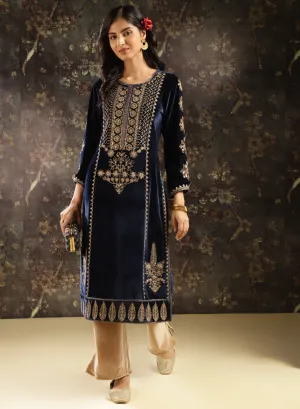 Blue Heavily Embroidered Party-wear Velvet Kurta