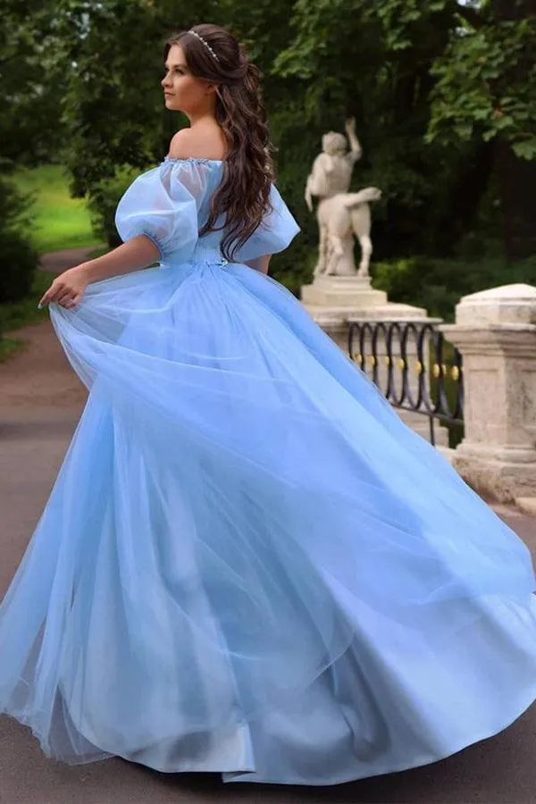 Blue Princess Off-Shoulder Floral Tulle A-Line Long Prom Dress PSK269