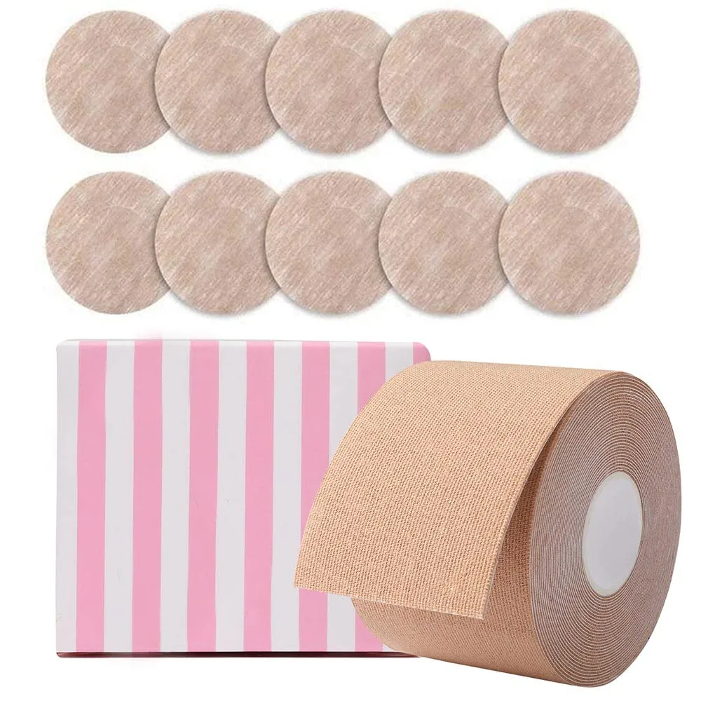 Boob Tape and 10 Pcs Backless Nipple Cover Set, Breathable Breast Lift Tape Boobytape for Breast Lift Athletic Tape with Breast Petals Disposable Adhesive Bra for A-E Cup Large Breast