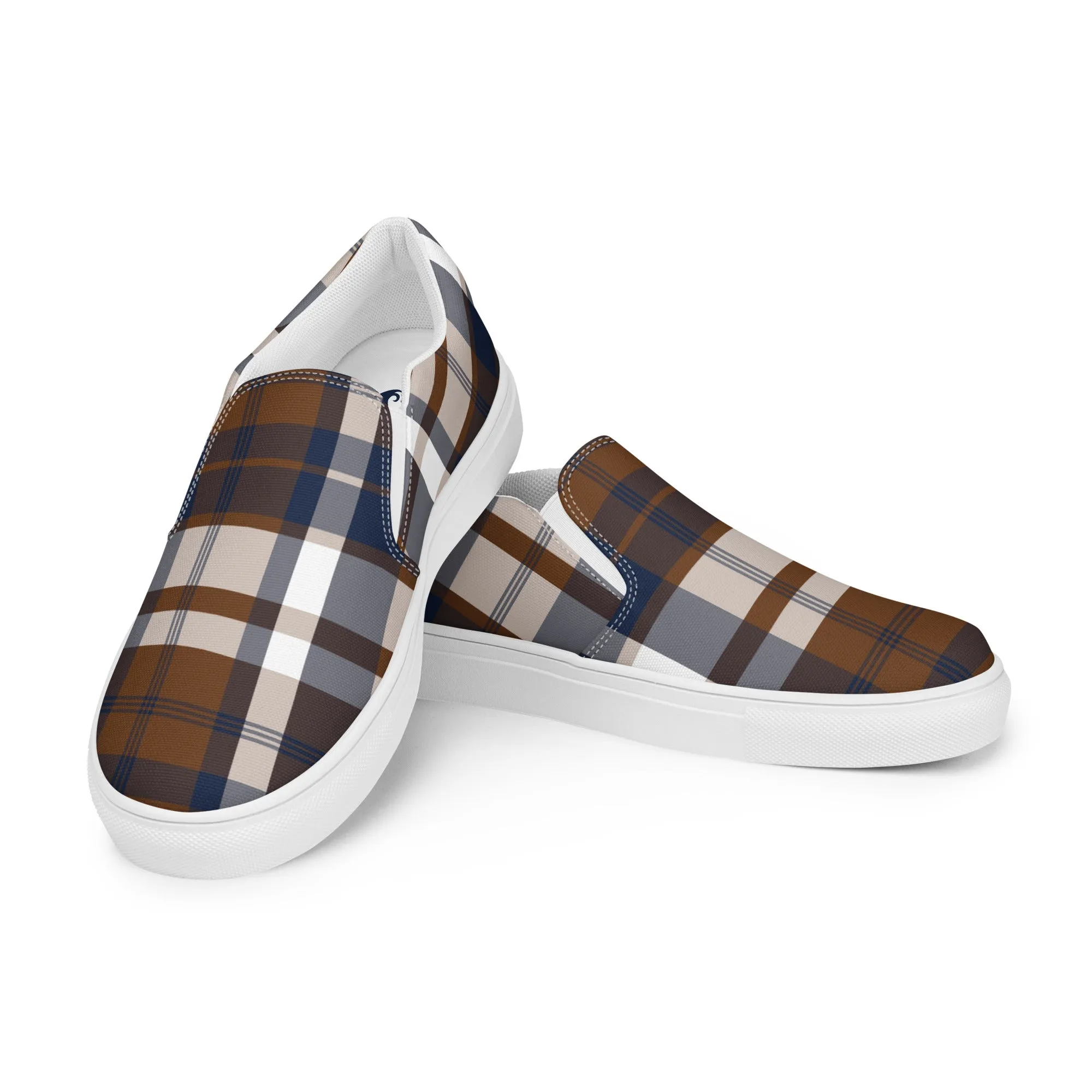 Brown and Navy Blue Preppy Surfer Plaid Women's Slip On Canvas Shoes