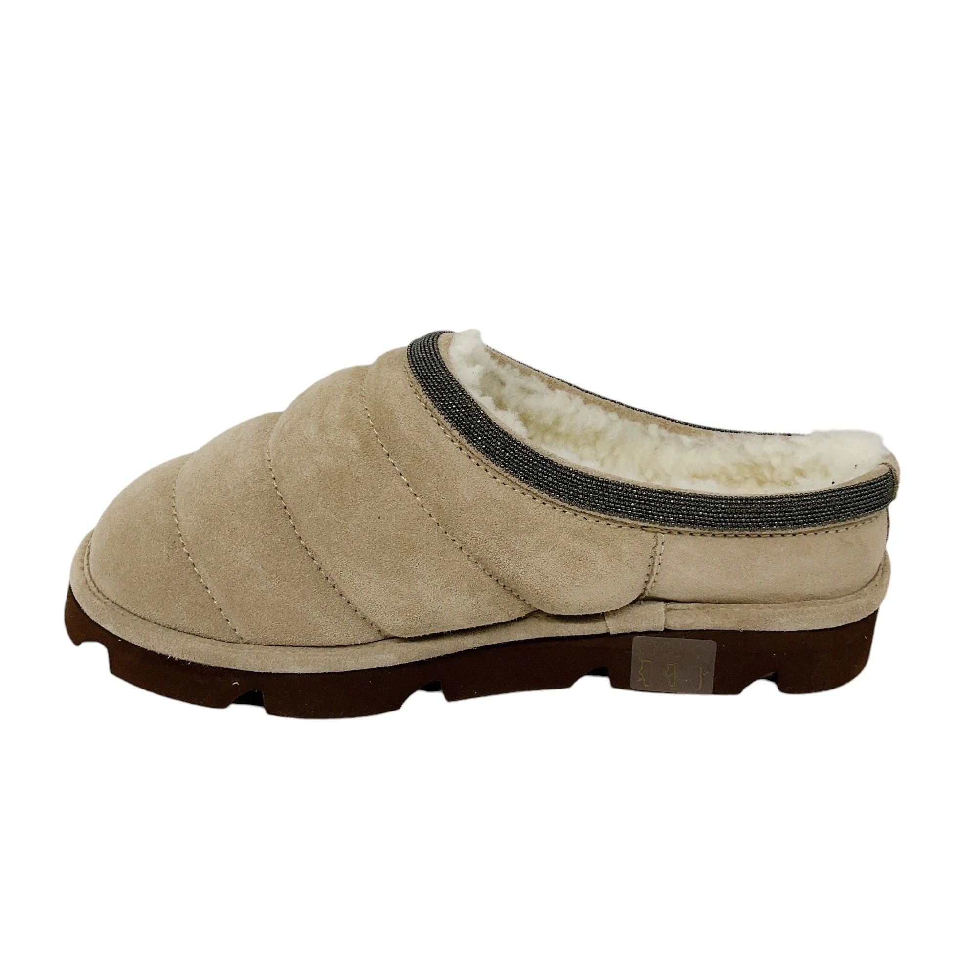 Brunello Cucinelli Beige Monili Bead Embellished Shearling Lined Quilted Suede Slippers