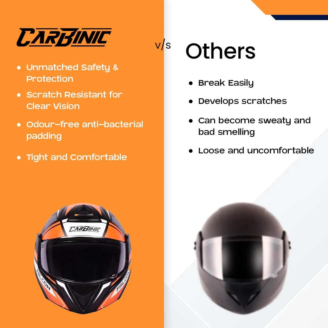 CARBINIC Falcon Series Full Face Flip-up Helmet for Men & Women | ISI Certified | Clear & Scratch Resistant Visor | Lightweight & Stylish | Large | Orange Graphic