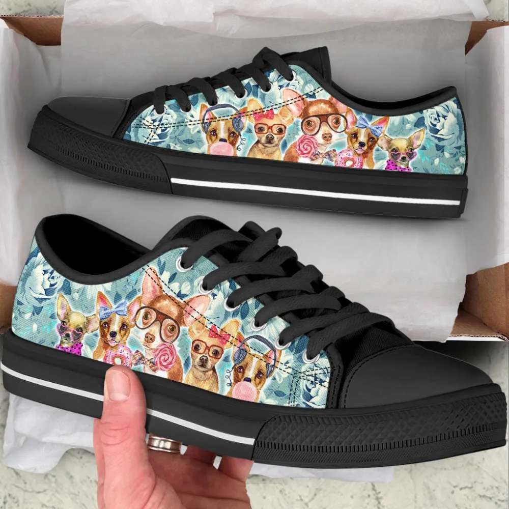 Chihuahua Dog Flowers Pattern Turquoise Low Top Shoes Canvas Sneakers, Dog Printed Shoes, Canvas Shoes For Men, Women