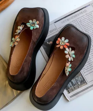 Chocolate Flat Feet Shoes Platform Cowhide Leather Unique Floral Flat Shoes