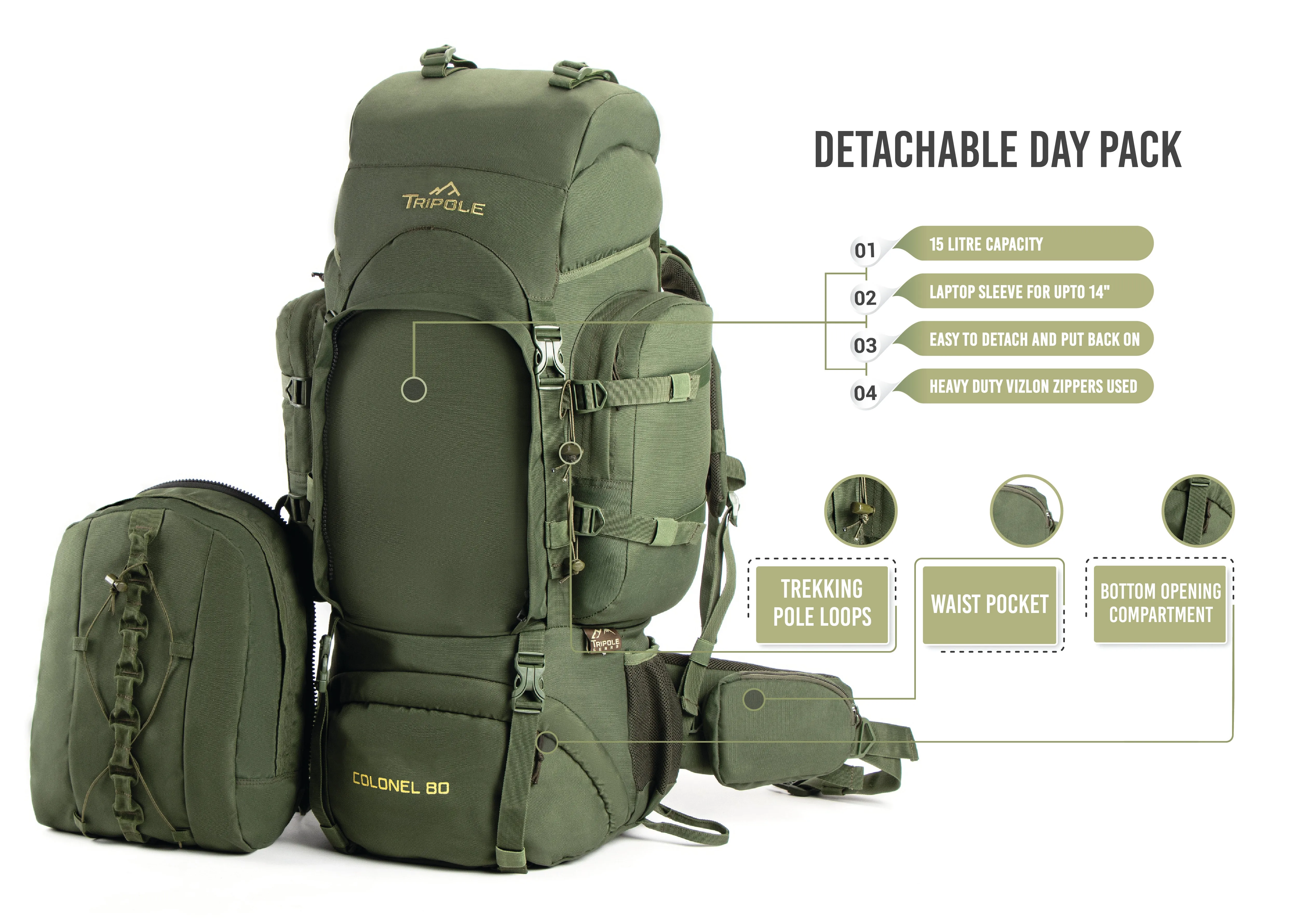 Colonel Series 80 Litre Rucksack   Detachable Day Pack & Rain Cover | Army Green