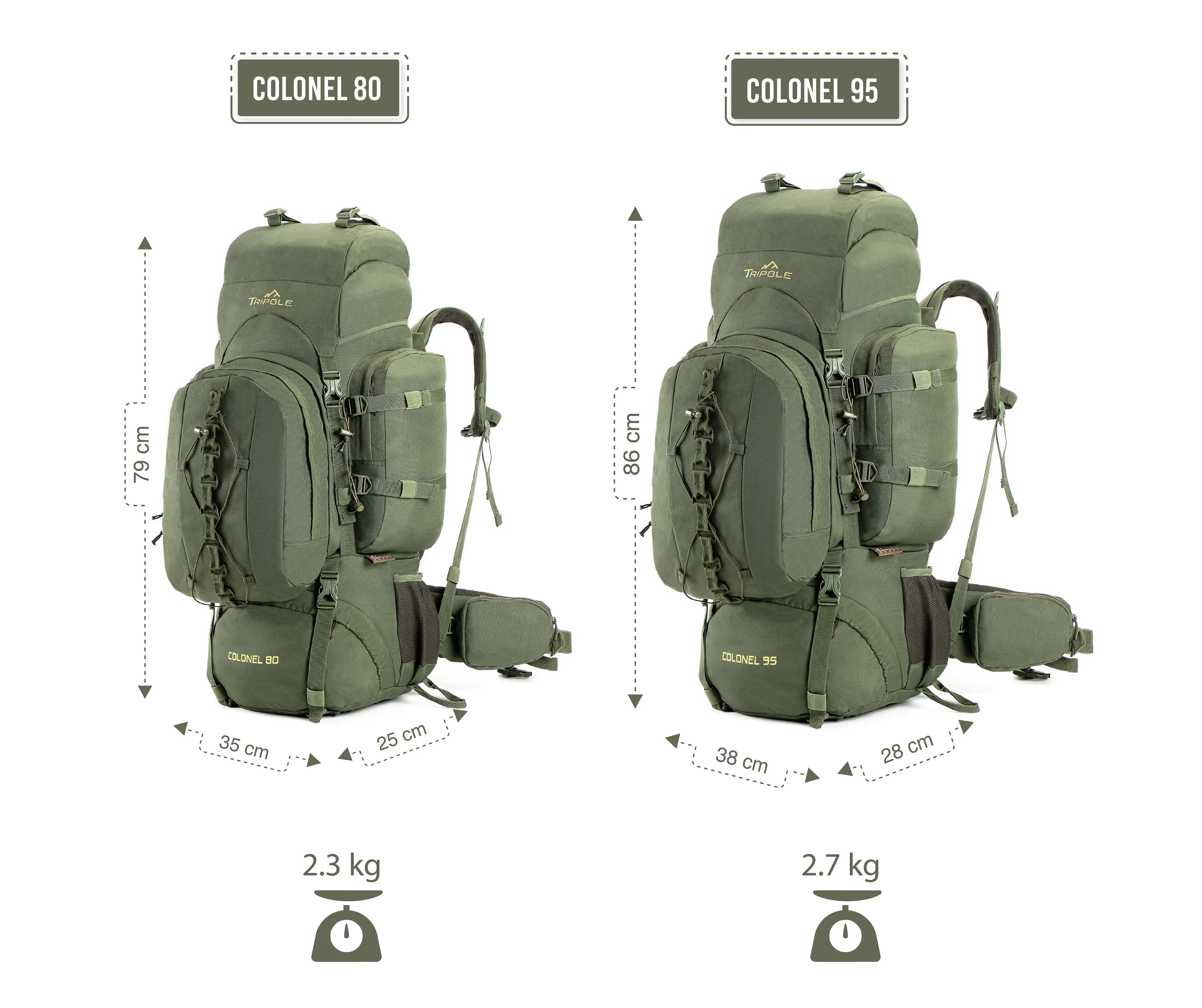 Colonel Series 80 Litre Rucksack   Detachable Day Pack & Rain Cover | Army Green