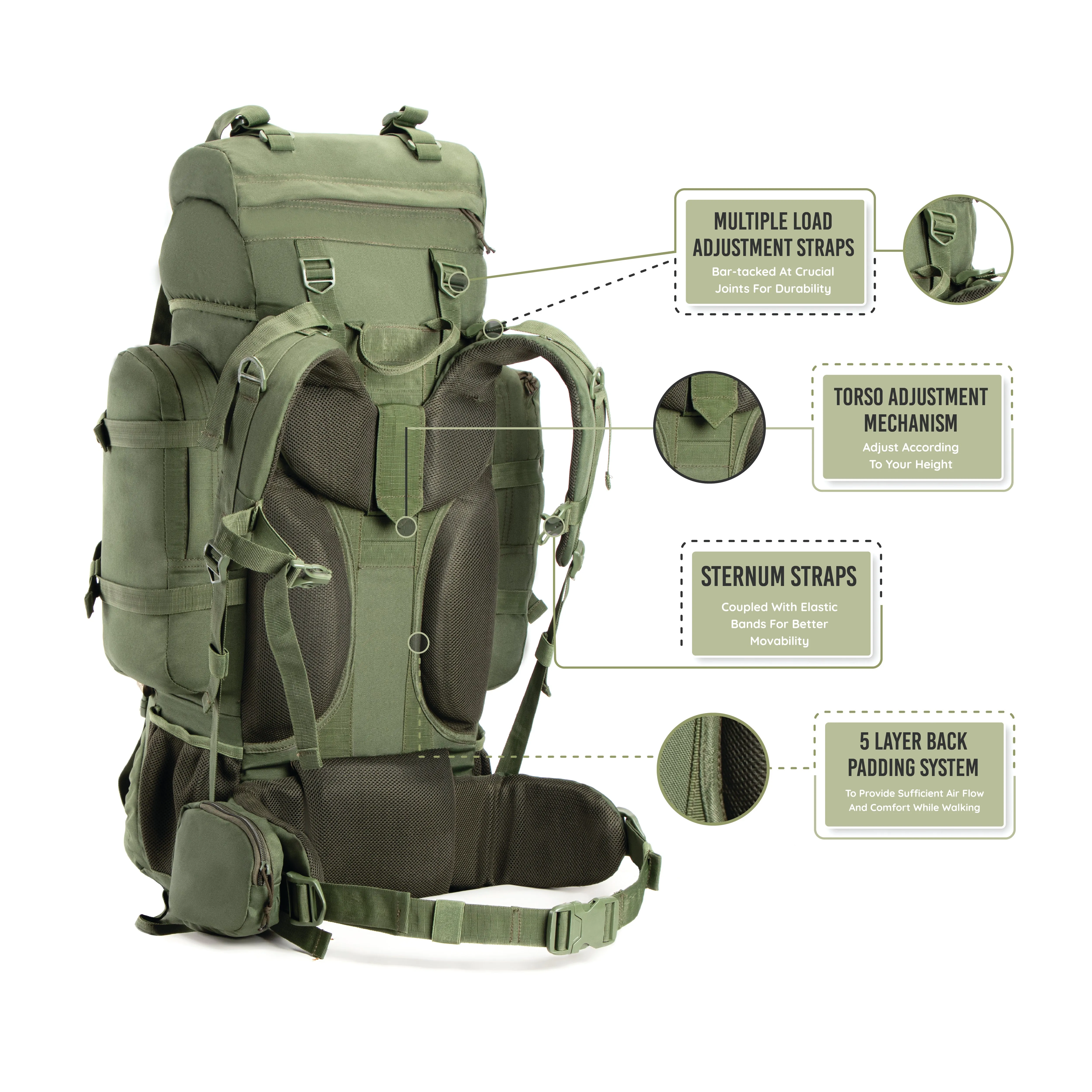 Colonel Series 80 Litre Rucksack   Detachable Day Pack & Rain Cover | Army Green