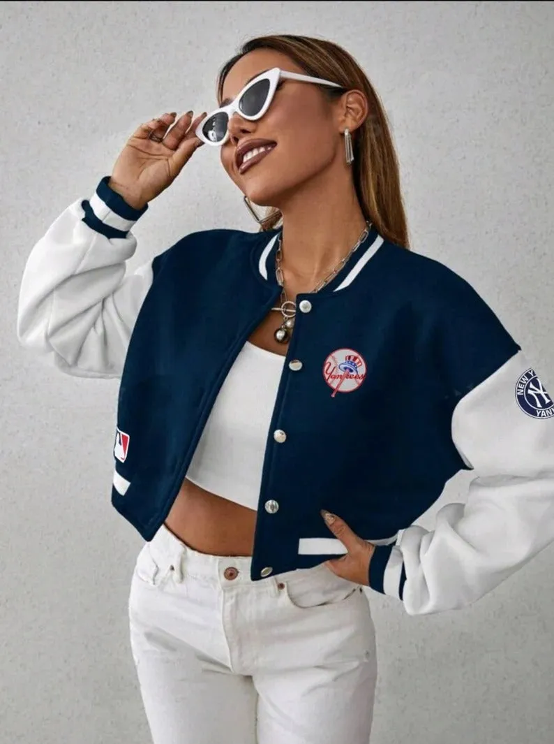 Custom Cropped Varsity Bomber Jacket with Sports Team Logo – New York Yankees