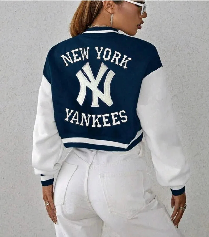 Custom Cropped Varsity Bomber Jacket with Sports Team Logo – New York Yankees