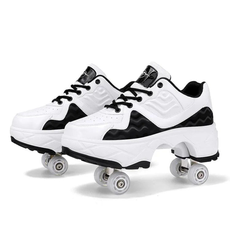 Deformable Four-wheel Retractable Double-row Dual-purpose Roller Skates, Size: 39(DF09 White Black)