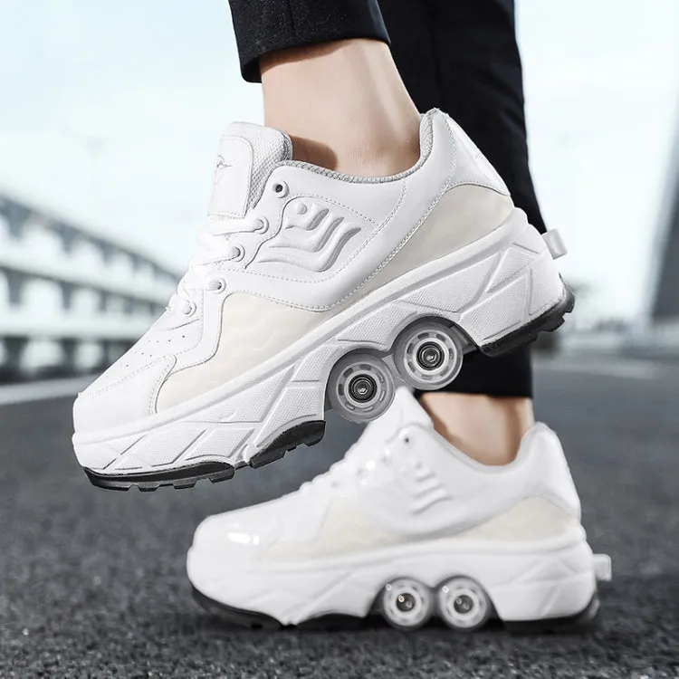 Deformable Four-wheel Retractable Double-row Dual-purpose Roller Skates, Size: 39(DF09 White Black)