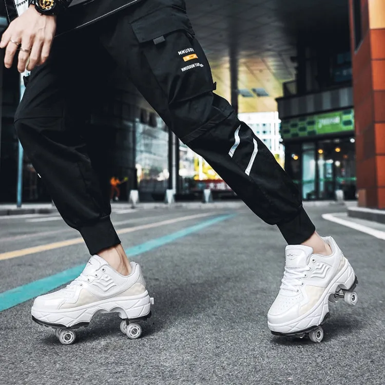 Deformable Four-wheel Retractable Double-row Dual-purpose Roller Skates, Size: 39(DF09 White Black)