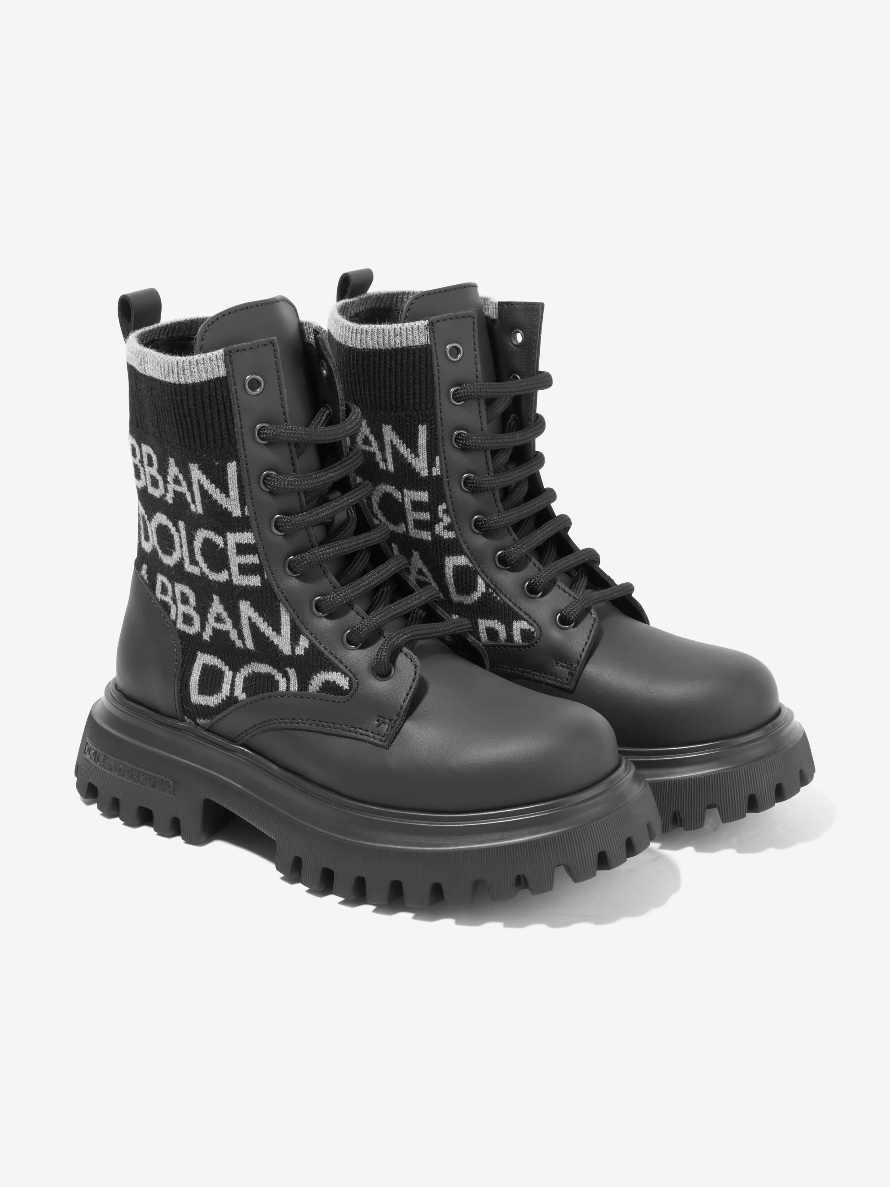 Dolce & Gabbana Boys Leather Logo Combat Boots in Black