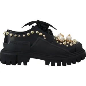 Dolce & Gabbana Timeless Black Leather Derby Flats with Glam Accents