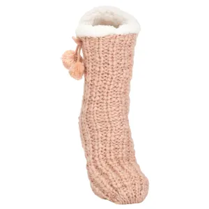 Dust Pink Gold Glitter Knit Pom Pom Womens One Size Plush Lined Non Skid Indoor Slipper Socks