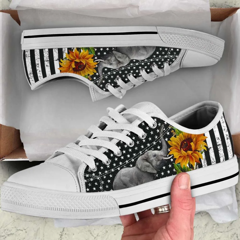 Elephant Usa Flag Sun Flower Low Top Shoes Canvas Print Casual Gift, Animal Print Canvas Shoes, Print On Canvas Shoes