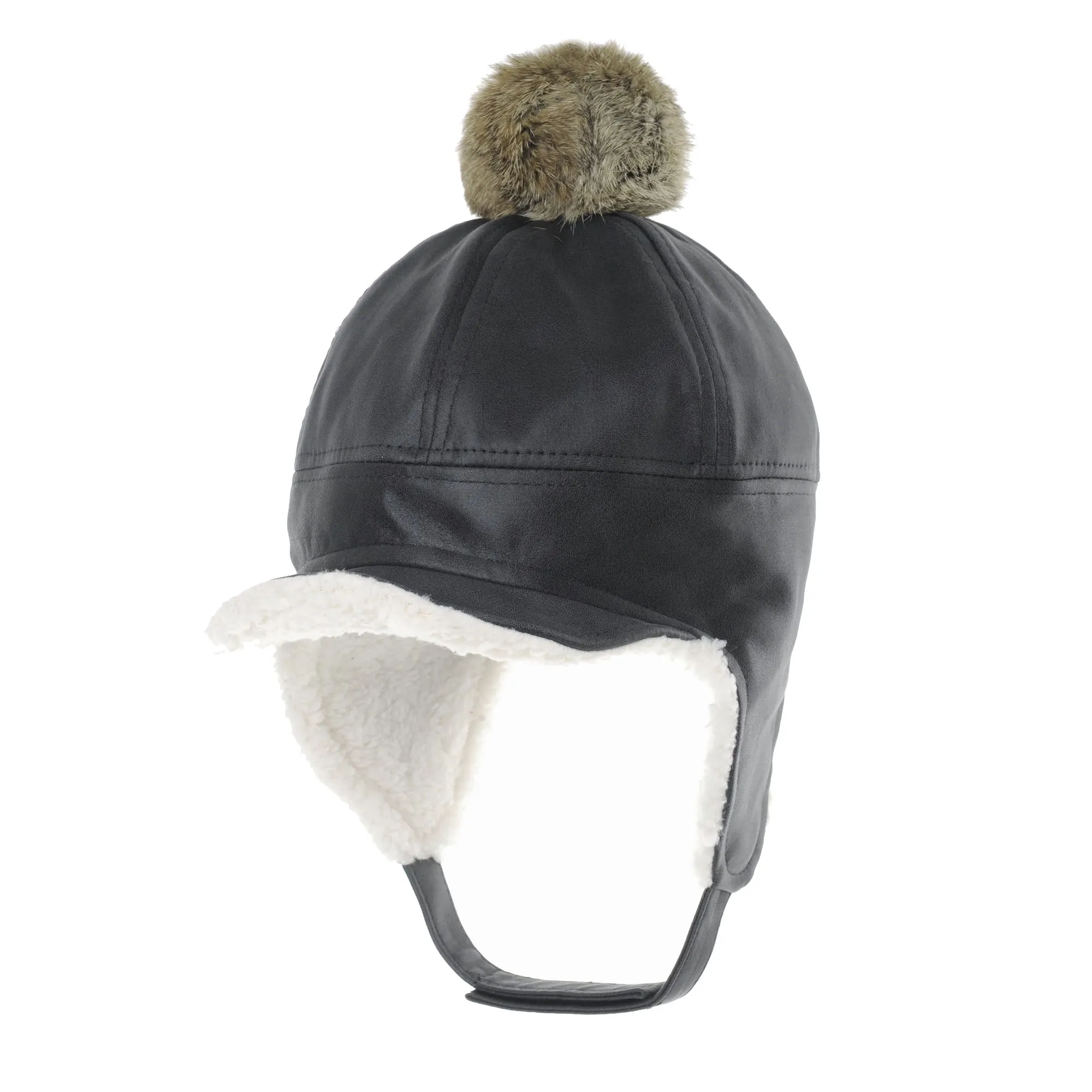 Faux Leather Aviator Trooper Hat Detachable Fur Pom SL7550