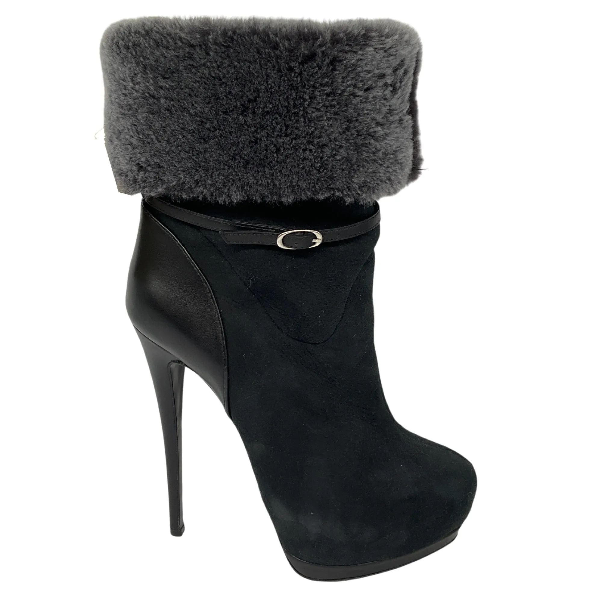 Giuseppe Zanotti Black / Grey Shearling Trimmed High Heeled Suede Booties