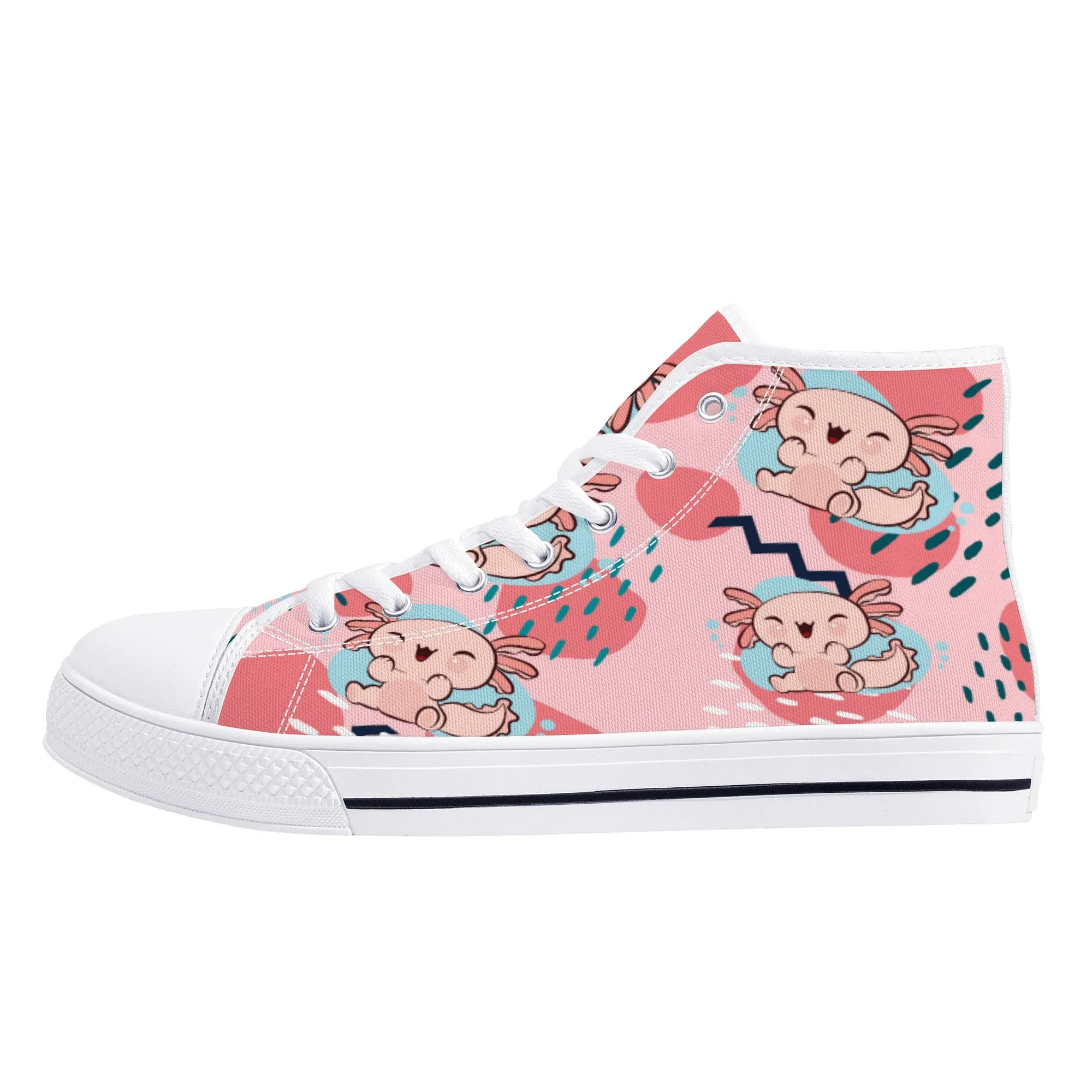 High Top Canvas Sneakers | Printed Tongue | Pink Cute Axolotl Shoes | Cute Hi Tops