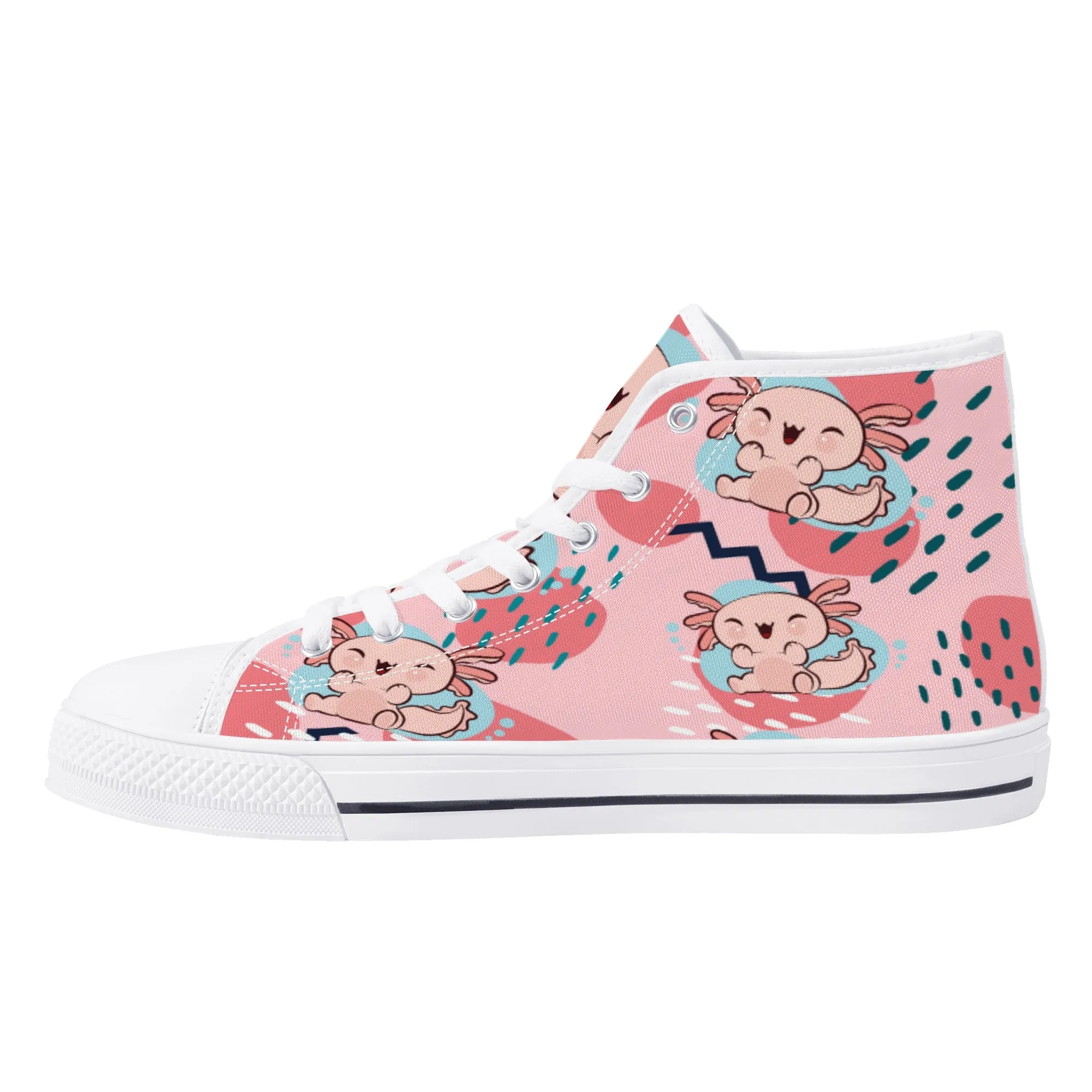 High Top Canvas Sneakers | Printed Tongue | Pink Cute Axolotl Shoes | Cute Hi Tops