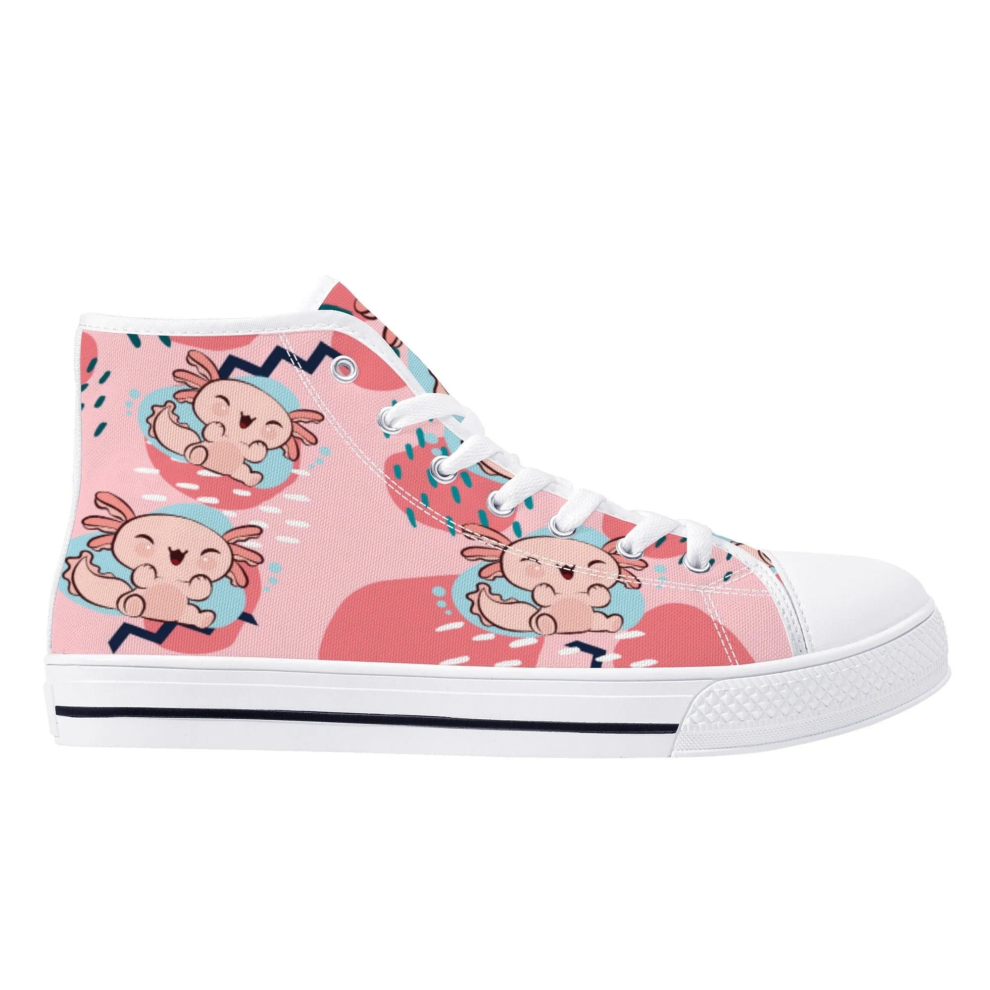 High Top Canvas Sneakers | Printed Tongue | Pink Cute Axolotl Shoes | Cute Hi Tops