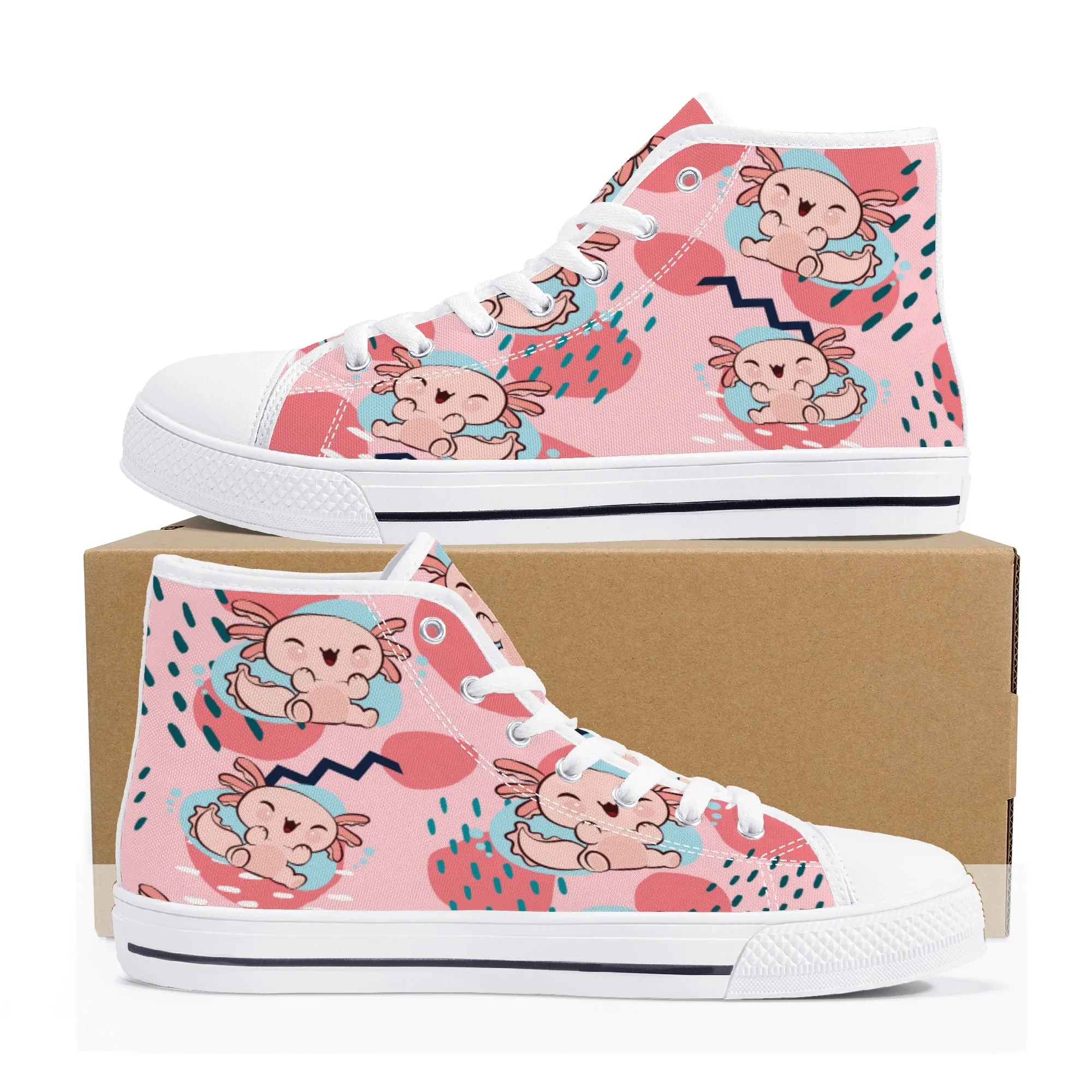 High Top Canvas Sneakers | Printed Tongue | Pink Cute Axolotl Shoes | Cute Hi Tops