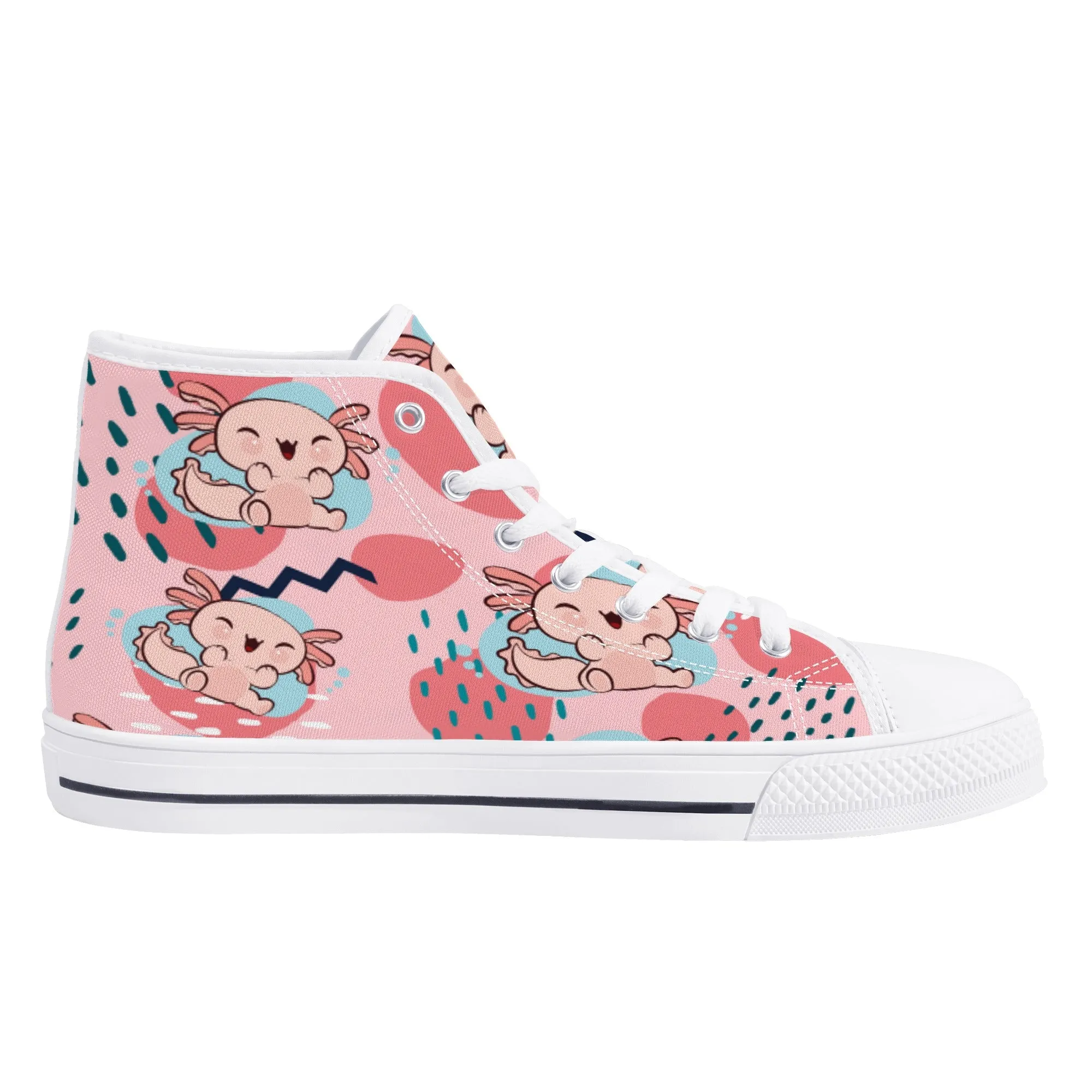 High Top Canvas Sneakers | Printed Tongue | Pink Cute Axolotl Shoes | Cute Hi Tops