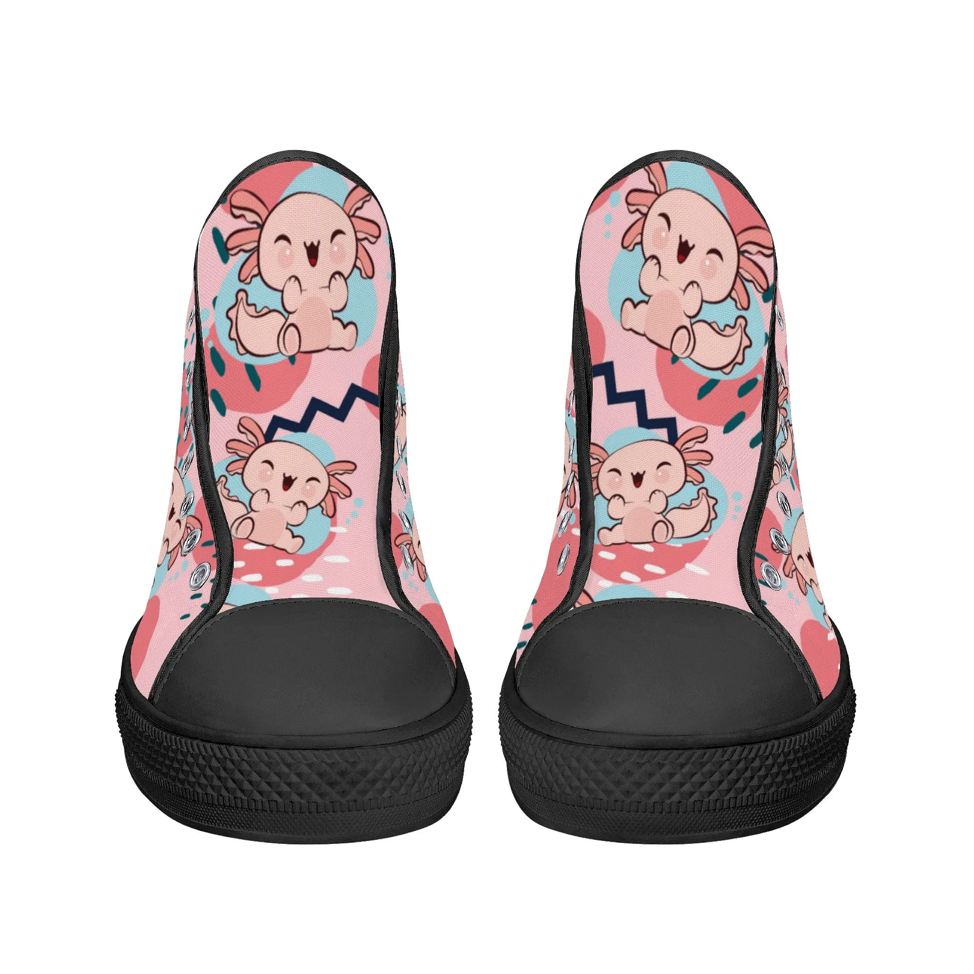 High Top Canvas Sneakers | Printed Tongue | Pink Cute Axolotl Shoes | Cute Hi Tops