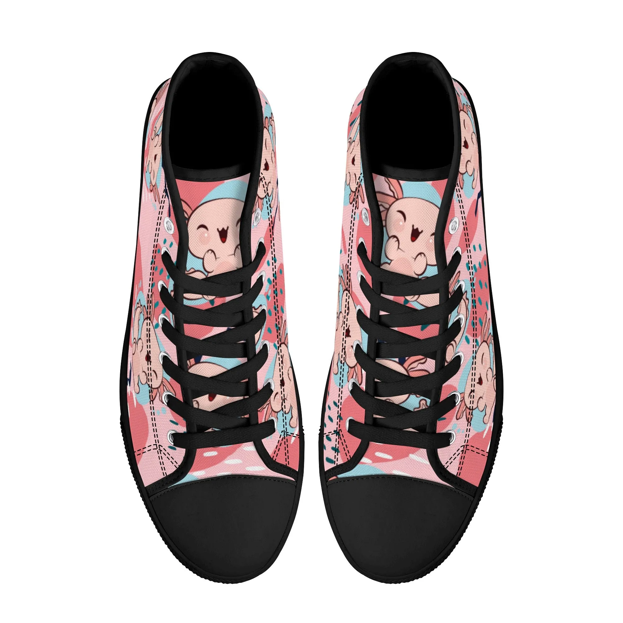 High Top Canvas Sneakers | Printed Tongue | Pink Cute Axolotl Shoes | Cute Hi Tops