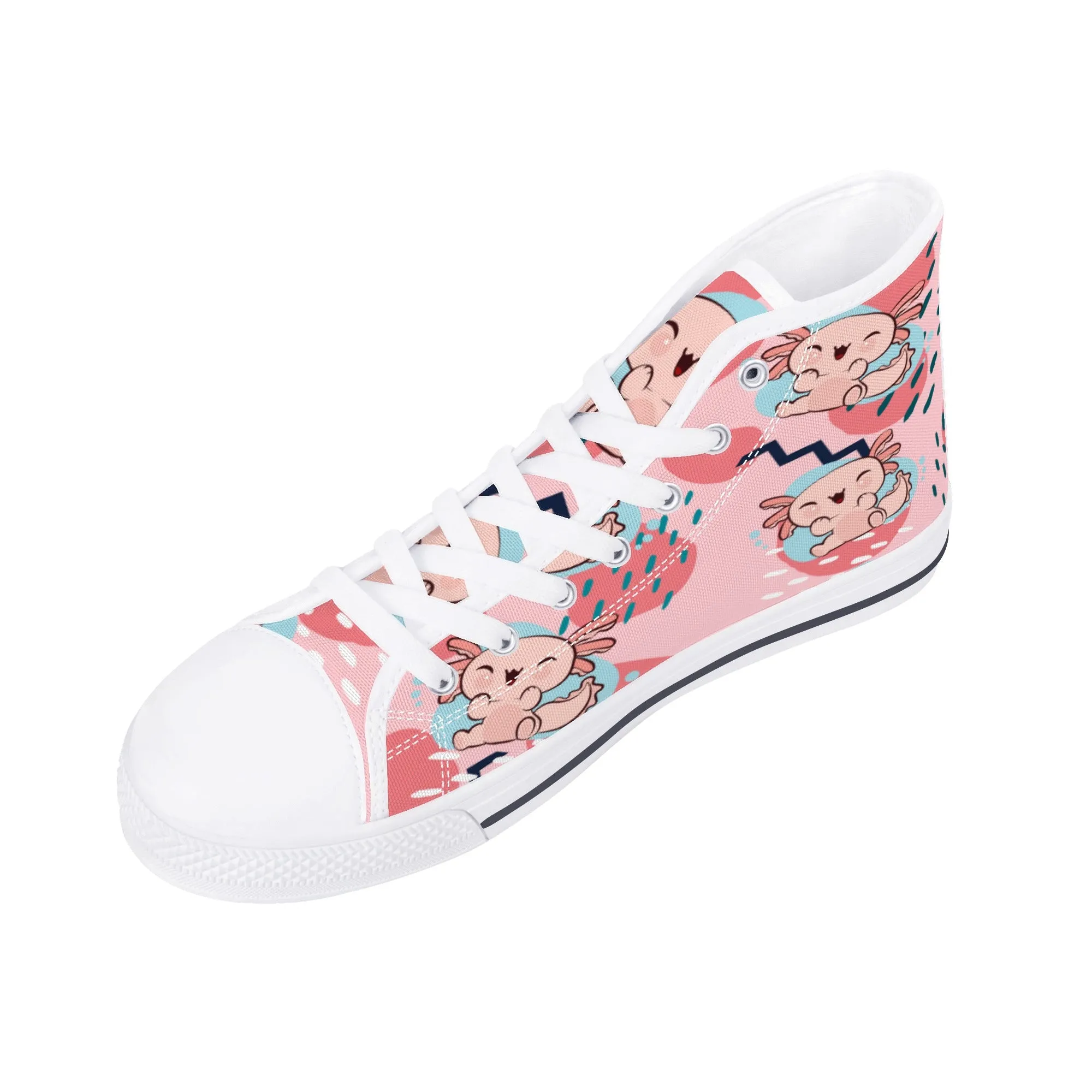 High Top Canvas Sneakers | Printed Tongue | Pink Cute Axolotl Shoes | Cute Hi Tops