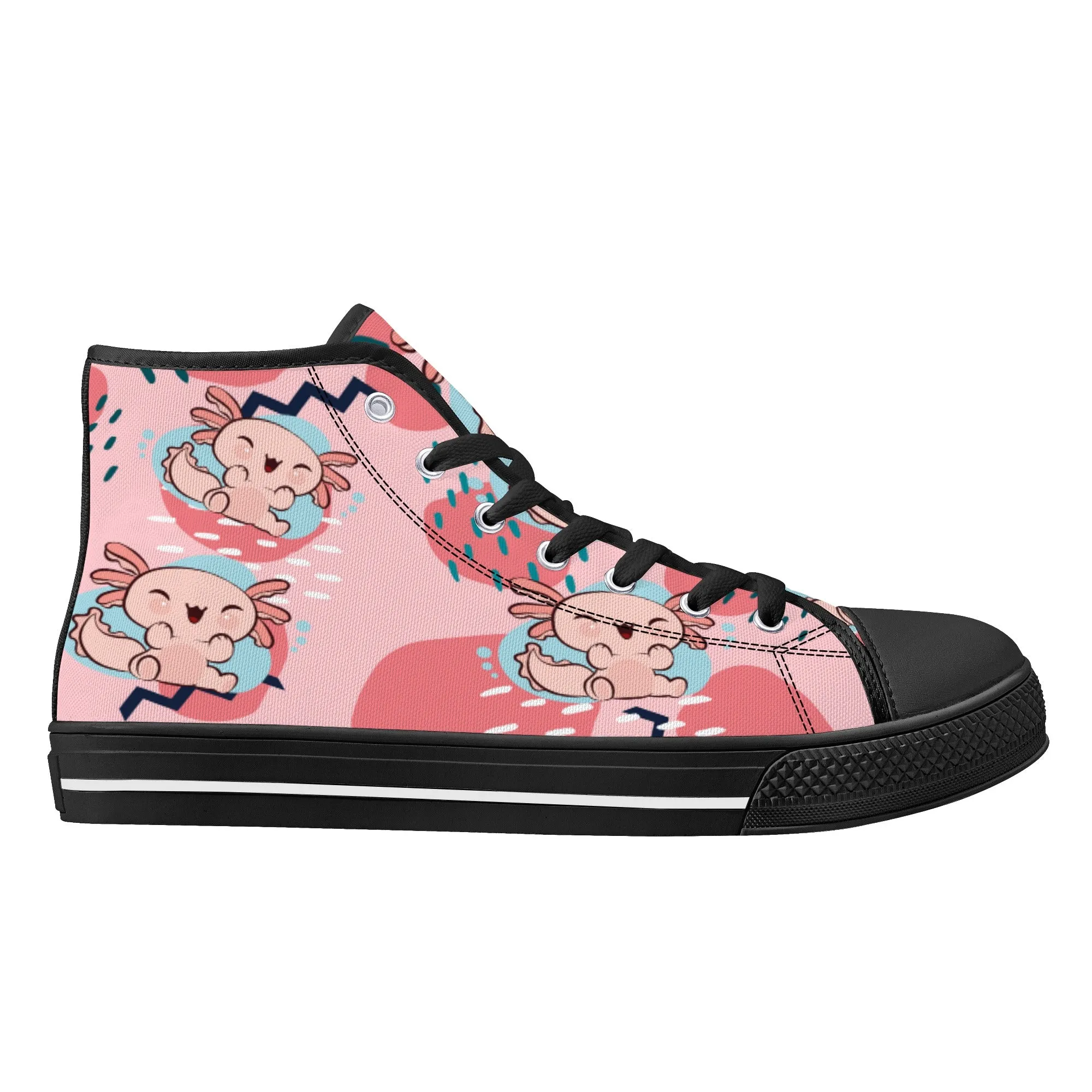 High Top Canvas Sneakers | Printed Tongue | Pink Cute Axolotl Shoes | Cute Hi Tops