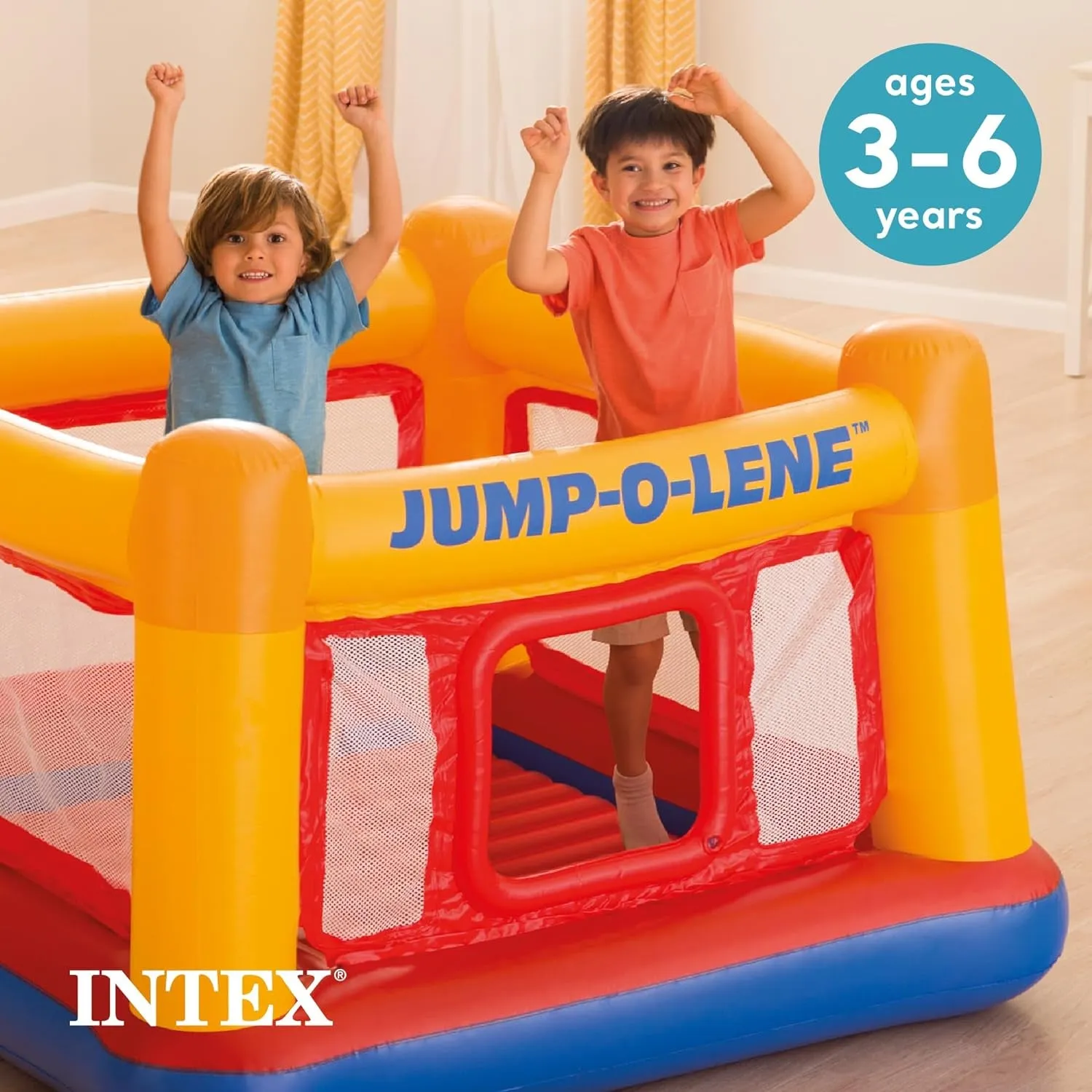 Inflatable Jump-O-Lene Indoor or Outdoor Playhouse Trampoline Bounce Castle House with Crawl-Thru Door and Net for Kids Ages 3-6