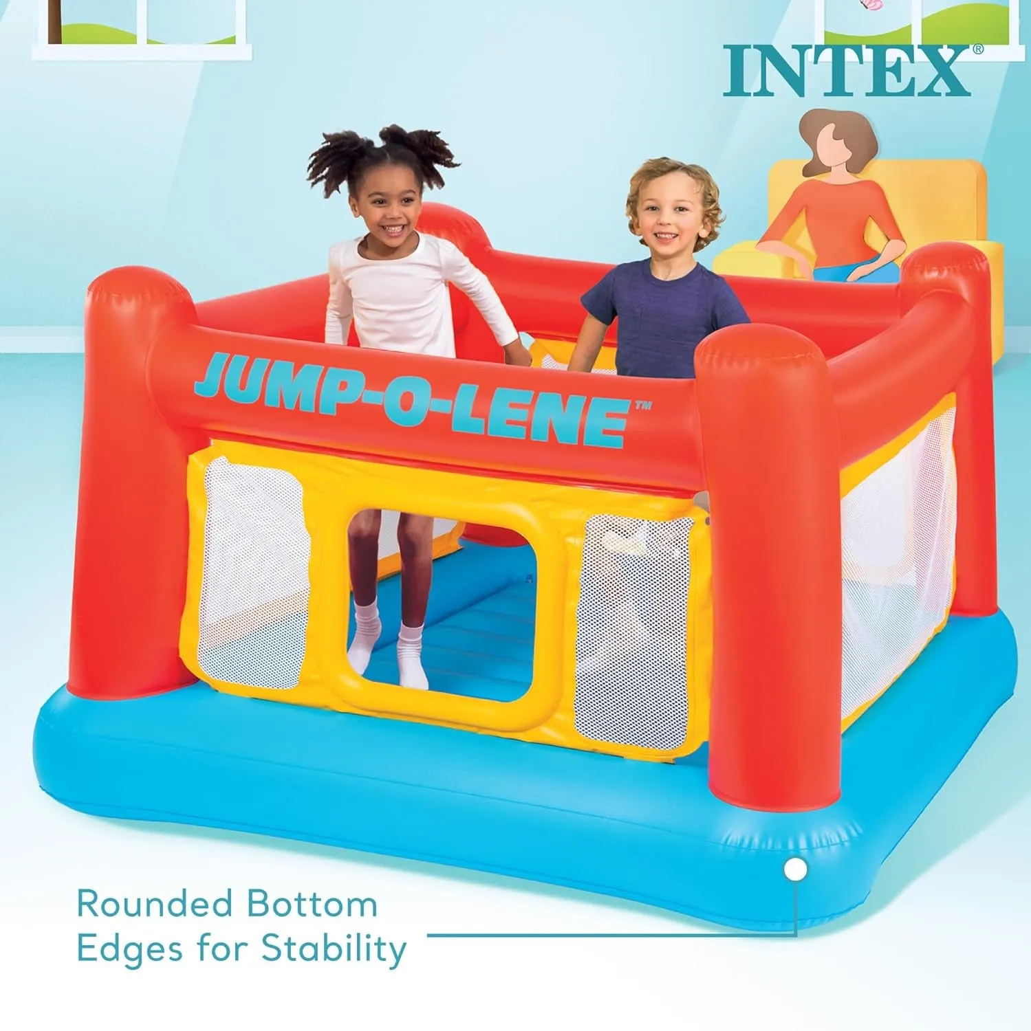 Inflatable Jump-O-Lene Indoor or Outdoor Playhouse Trampoline Bounce Castle House with Crawl-Thru Door and Net for Kids Ages 3-6