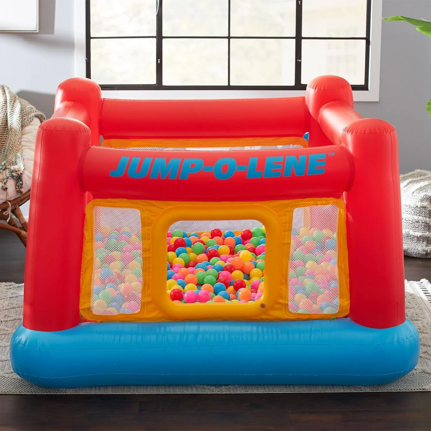 Inflatable Jump-O-Lene Indoor or Outdoor Playhouse Trampoline Bounce Castle House with Crawl-Thru Door and Net for Kids Ages 3-6