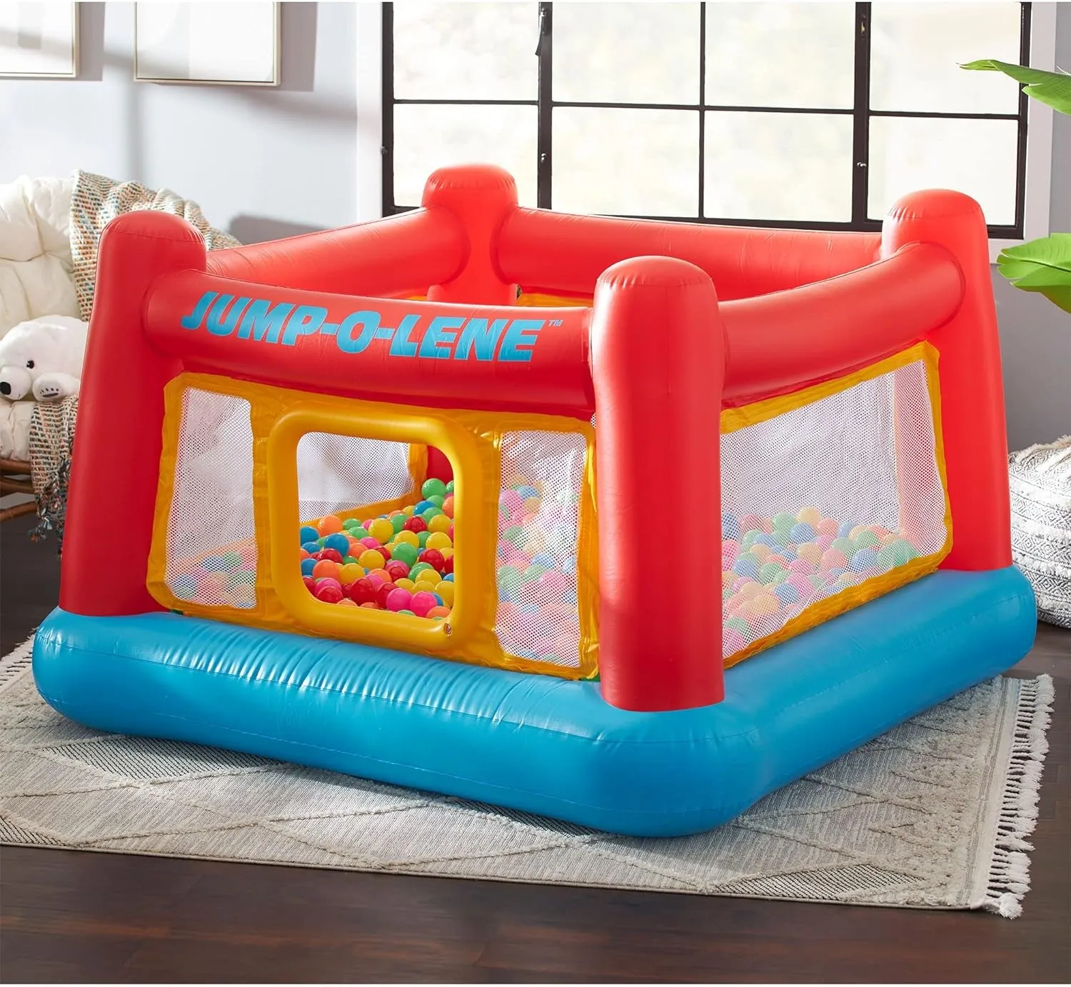 Inflatable Jump-O-Lene Indoor or Outdoor Playhouse Trampoline Bounce Castle House with Crawl-Thru Door and Net for Kids Ages 3-6