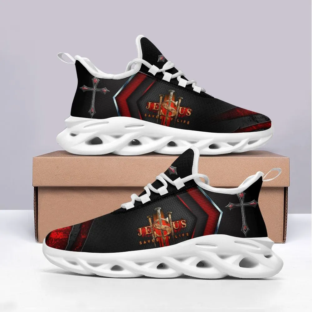 Jesus Saved My Life Running Sneakers Black Red Max Soul Shoes - Christian Shoes For Men And Women