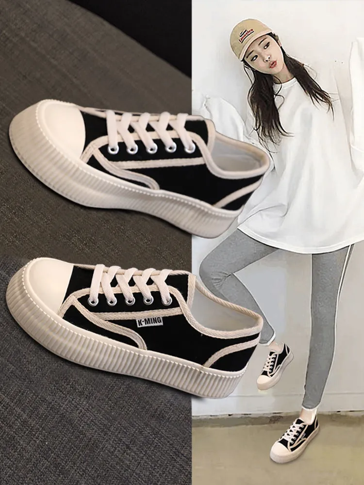 kamames Black Canvas Shoes Women's Casual Shoes Women's Cloth Shoes Versatile Single-Layer Shoes Biscuit Shape Shoes Light White Shoes Sports Board Shoes