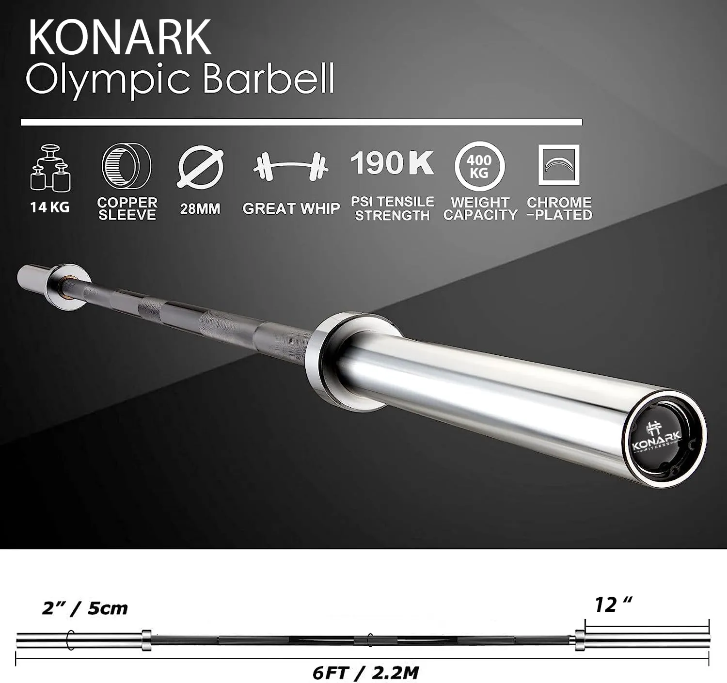 Konark Fitness 6 Feet Black Olympic Barbell Rod Bench Press, Deadlift,Powerlift,CrossFit,Training (28mm Internel and 50mm Oyter Dia) with Two PVC Lock