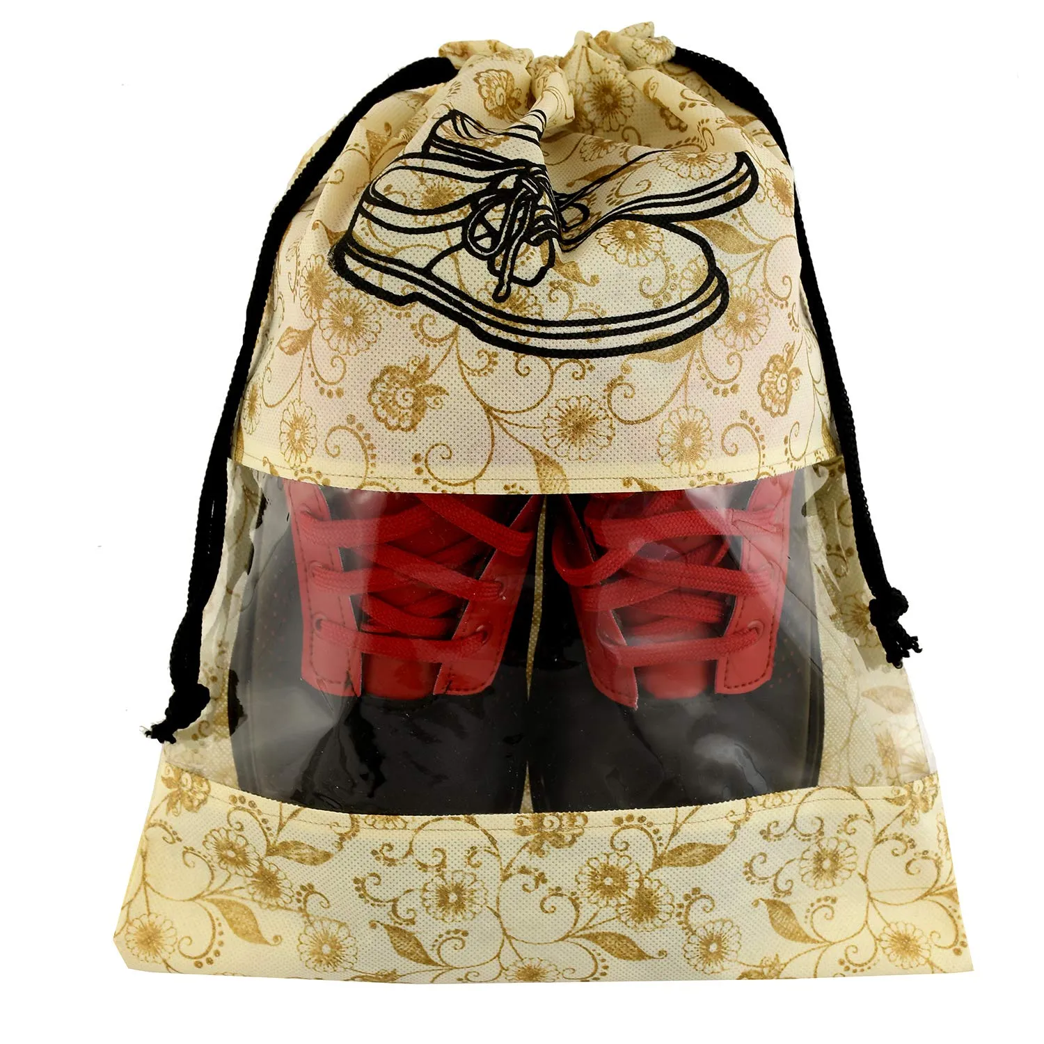 Kuber Industries Metalic Floral Design 24 Piece Non Woven Travel Shoe Cover, String Bag Organizer, Brown -CTMTC039505