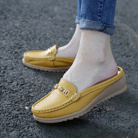 Leisure slippers genuine leather women wedges sandals slip-on round toe summer shoes woman comfortable sandals