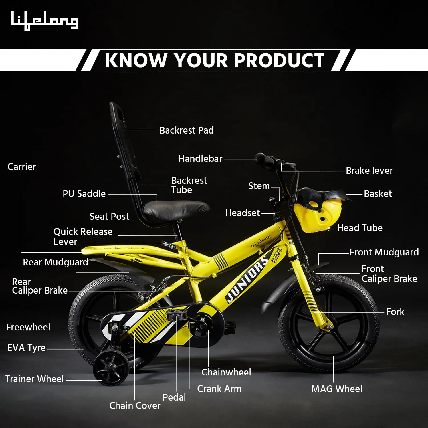 Lifelong 14T Cycle for Kids 2 to 5 Years - Bike for Boys and Girls - Balance Wheels & Mudguard, 95% Pre-Assembled, Frame Size: 9" - Suitable for Children Under 3 Feet Height (Juniors Ride, Yellow)