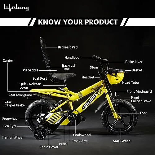 Lifelong 14T Cycle for Kids 2 to 5 Years - Bike for Boys and Girls - Balance Wheels & Mudguard, 95% Pre-Assembled, Frame Size: 9" - Suitable for Children Under 3 Feet Height (Juniors Ride, Yellow)