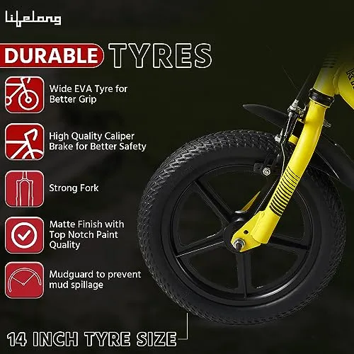 Lifelong 14T Cycle for Kids 2 to 5 Years - Bike for Boys and Girls - Balance Wheels & Mudguard, 95% Pre-Assembled, Frame Size: 9" - Suitable for Children Under 3 Feet Height (Juniors Ride, Yellow)