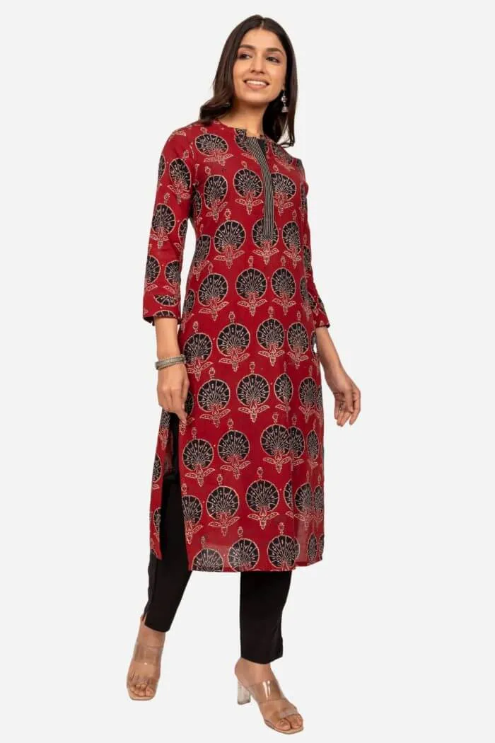 Maroon And Black Peacock Kurta