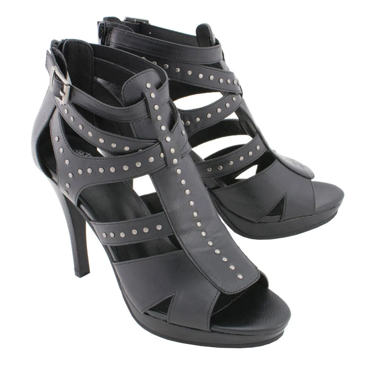 Milwaukee Leather MBL9452 Women's Black Stiletto Heeled Fashion Casual Sandals w/ Studded Ankle Straps